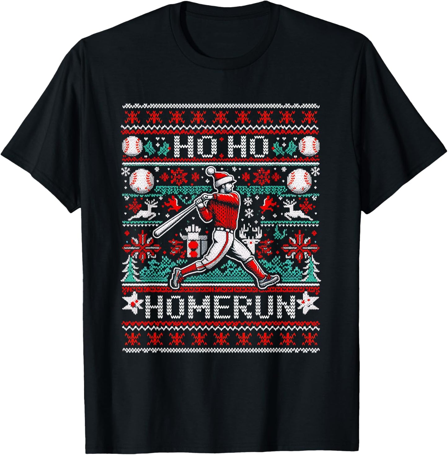 Ho Ho Homerun Baseball Ugly Christmas Sweater Party Hitter T-Shirt - T-Shirt | Black