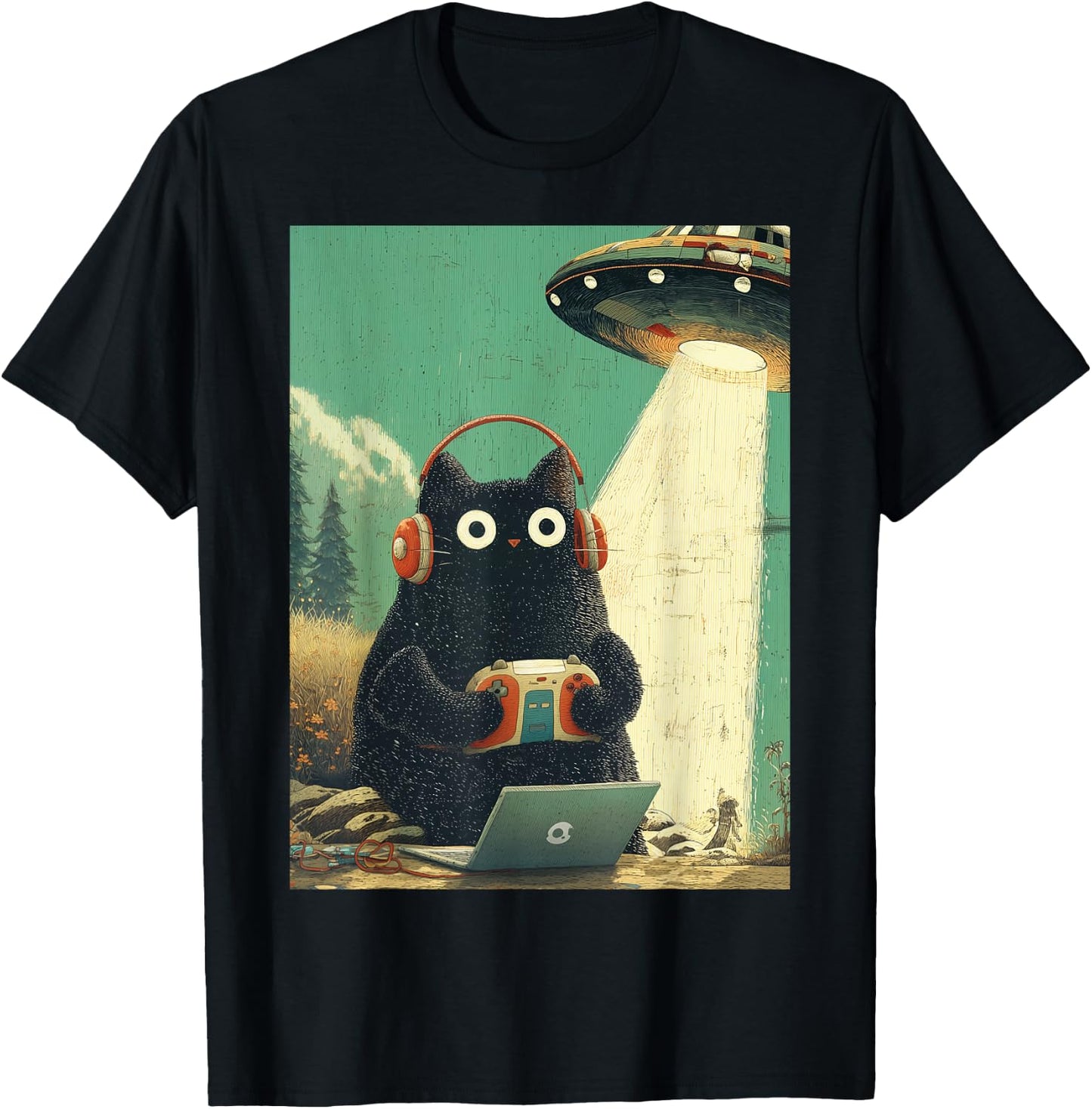 Vintage Japanische Katze Gamer Videospiele Abduktion UFO Anime T-Shirt - T-Shirt | Black