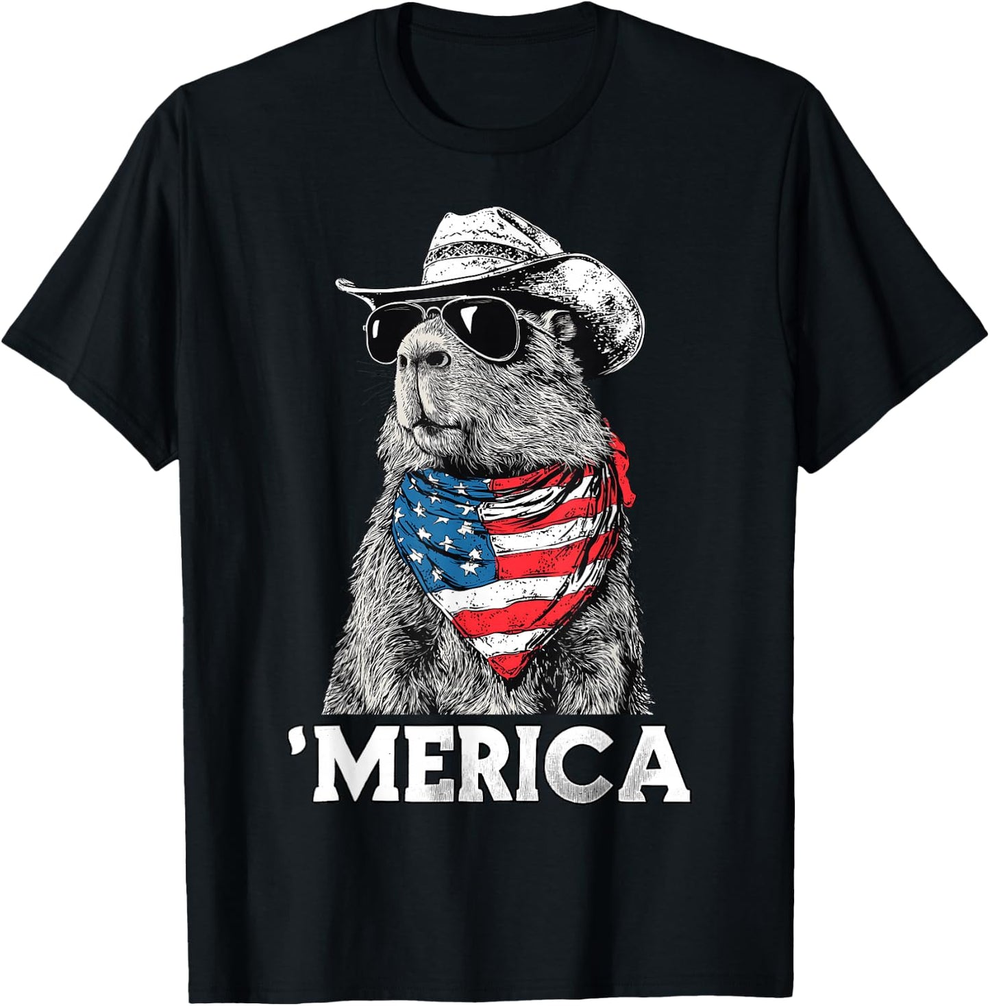 Capybara Sunglasses American Flag Bandana Cowboy Hat Country T-Shirt - T-Shirt | Black