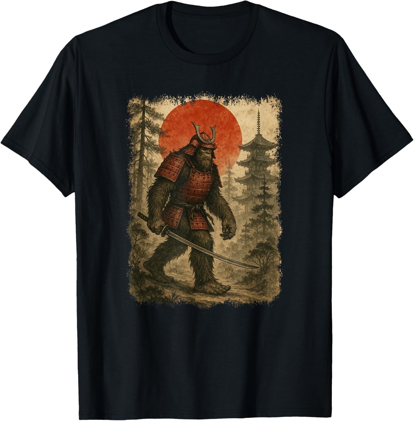 Samurai Bigfoot | Vintage Japanese Warrior & Art, Samurai , Black, S T-Shirt - T-Shirt | Black