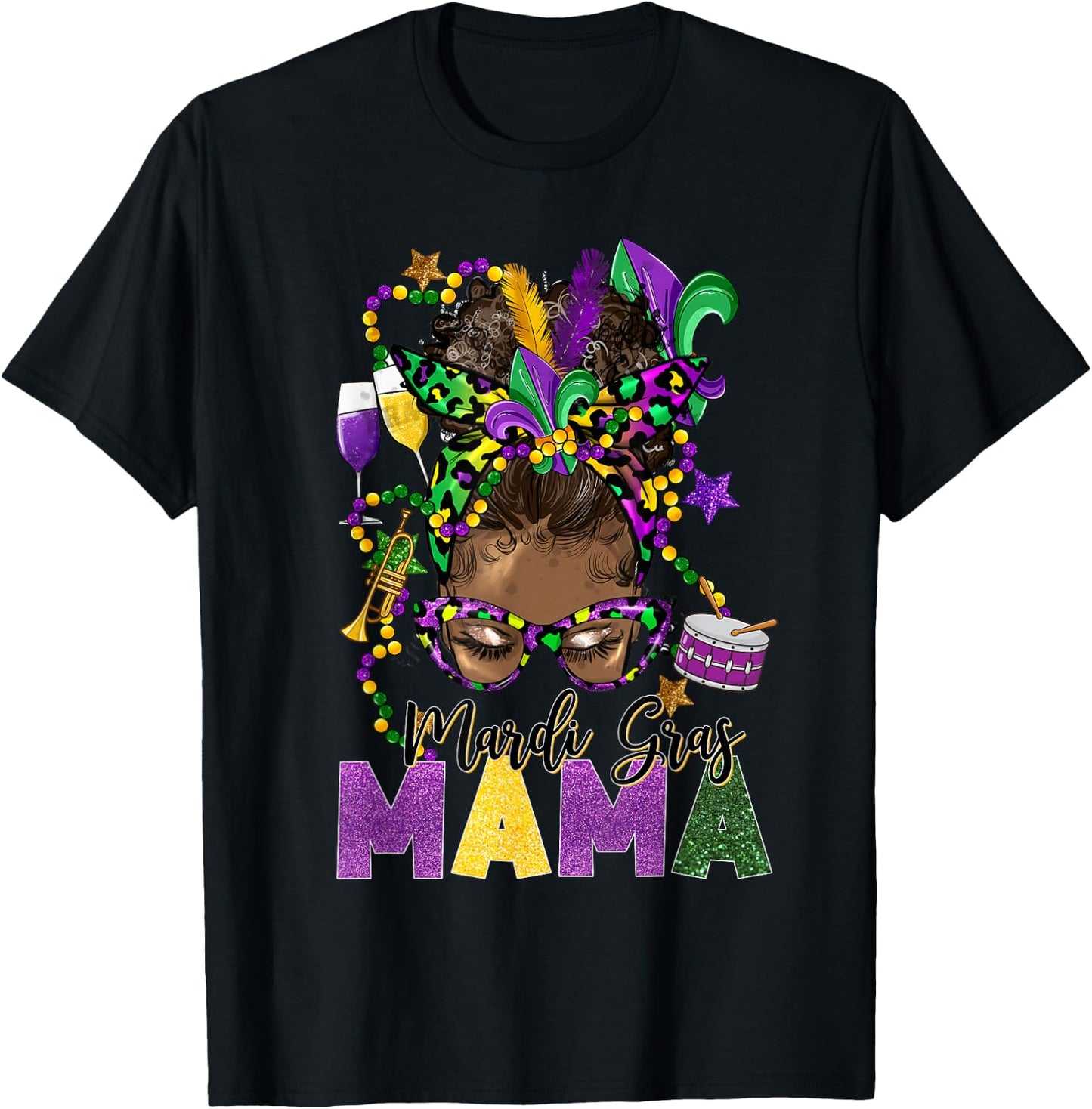 Mardi Gras Mama Messy Bun Women Carnival Party T-Shirt - T-Shirt | Black