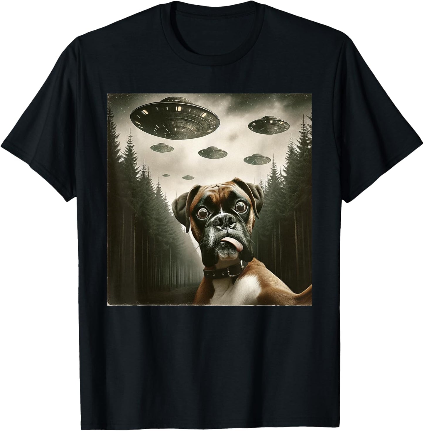 Funny Boxer Dog Selfie with UFOs Alien Dog T-Shirt - T-Shirt | Black