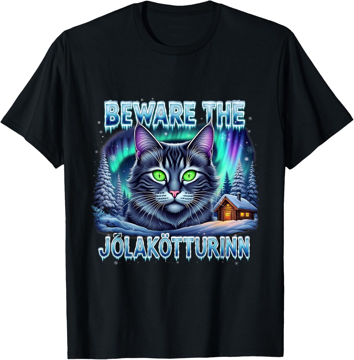 Beware The Jólakötturinn Christmas Cat Iceland Design T-Shirt - T-Shirt | Black
