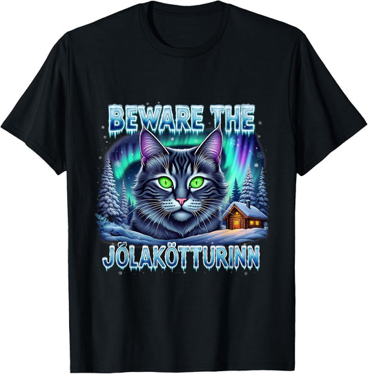 Beware The Jólakötturinn Christmas Cat Iceland Design T-Shirt - T-Shirt | Black