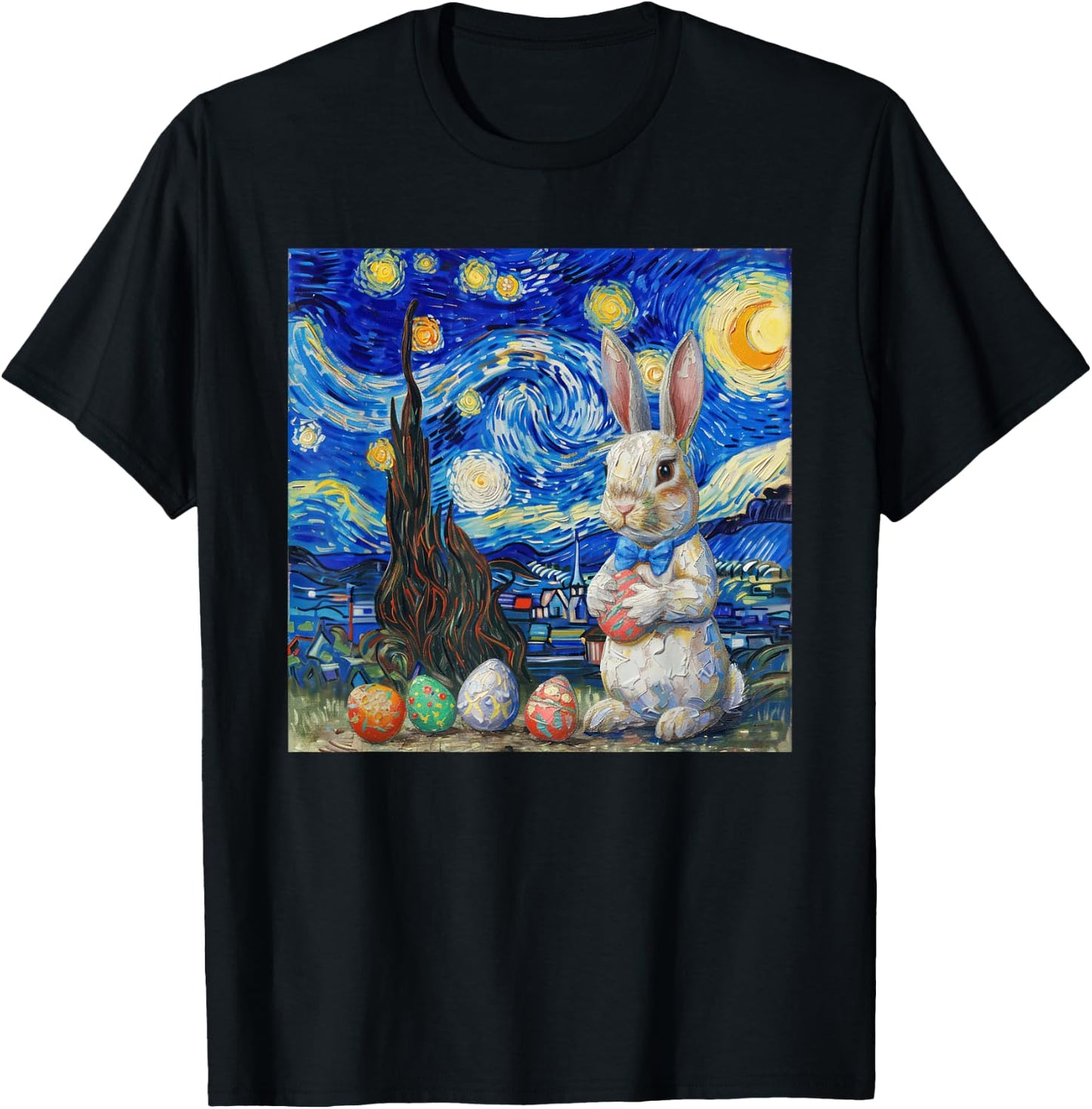 Easter Bunny Happy Easter Eggs Van Gogh Starry Night T-Shirt - T-Shirt | Black