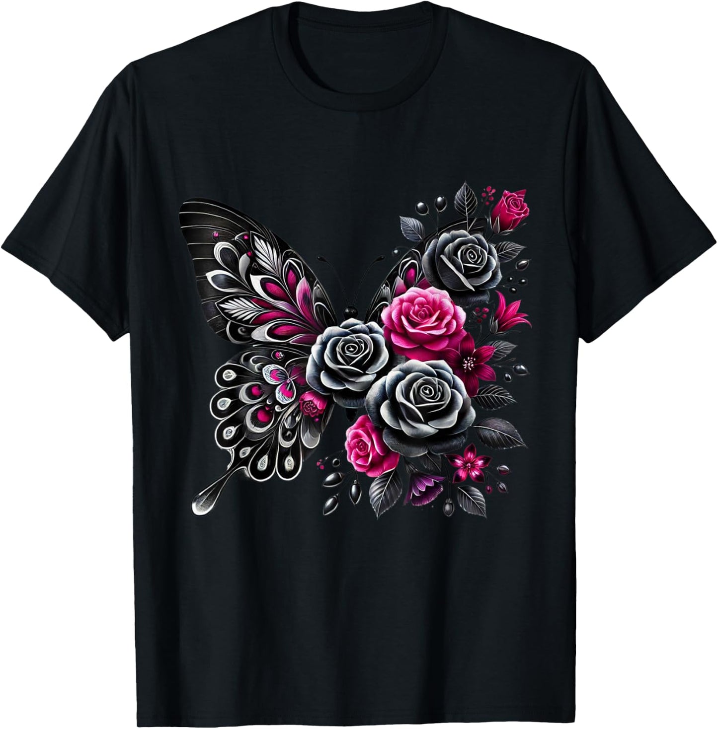 Watercolor Flower Butterfly T-Shirt - T-Shirt | Black