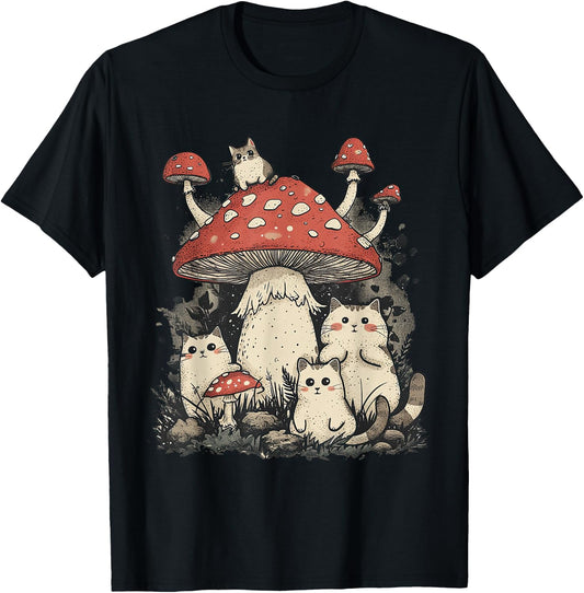 Cottagecore Aesthetic Cat Sitting Next To Toadstool Mushroom T-Shirt - T-Shirt | Black