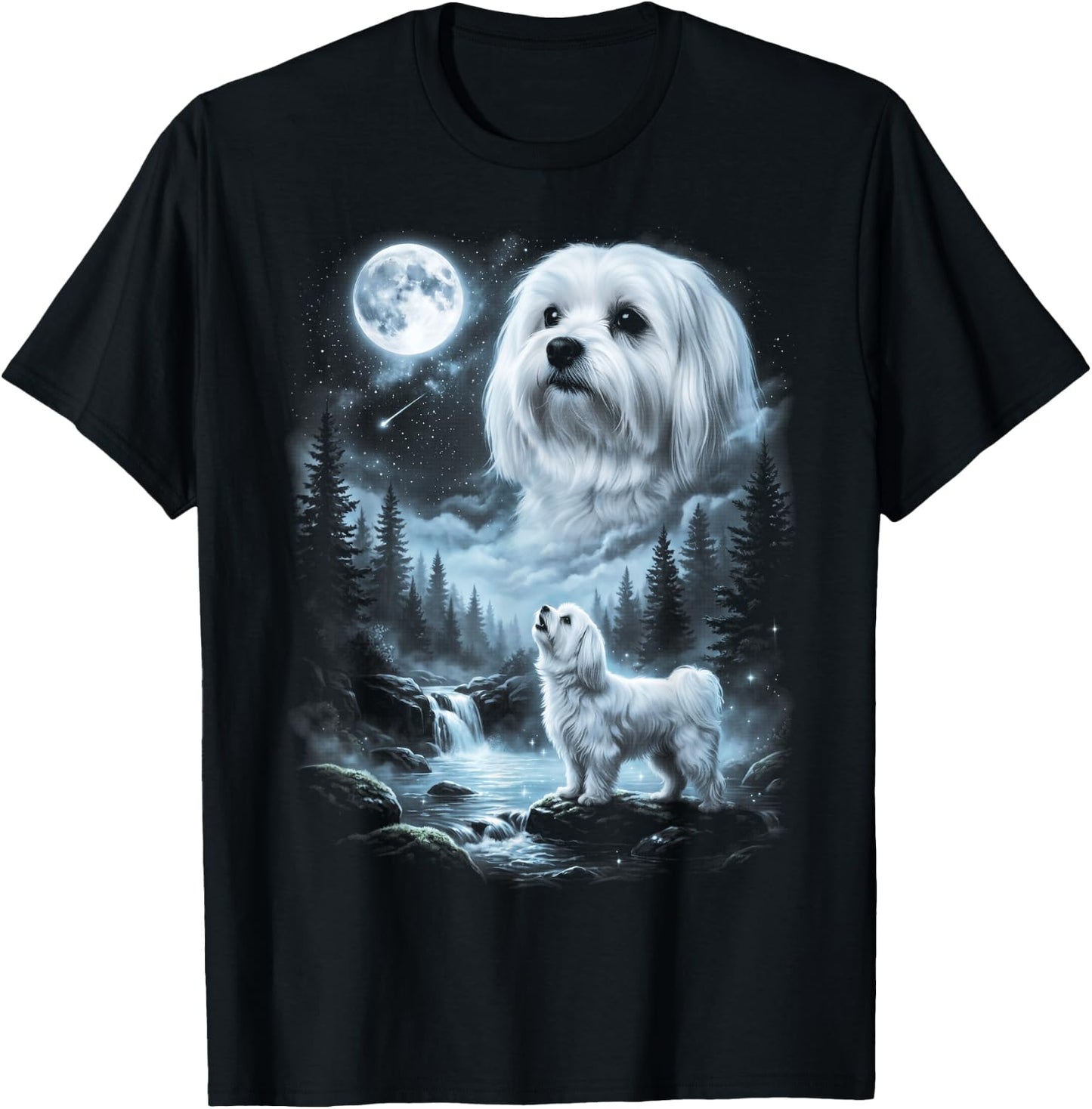 Maltese Howling to the Moon Retro 90's Dog T-Shirt - T-Shirt | Black
