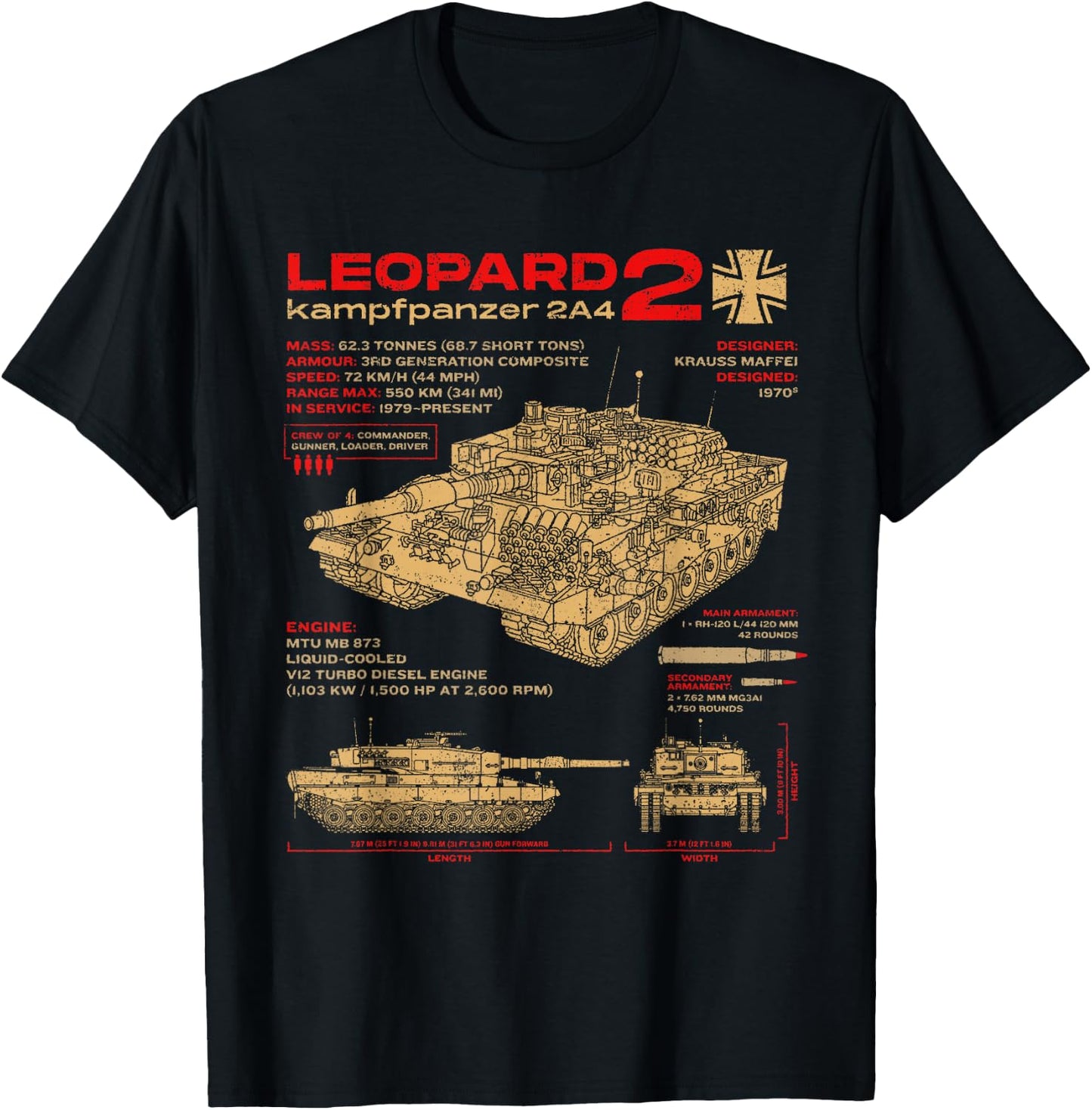 Leopard 2 2A4 Panzer Panzer Fahrzeug Blueprint T-Shirt - T-Shirt | Black