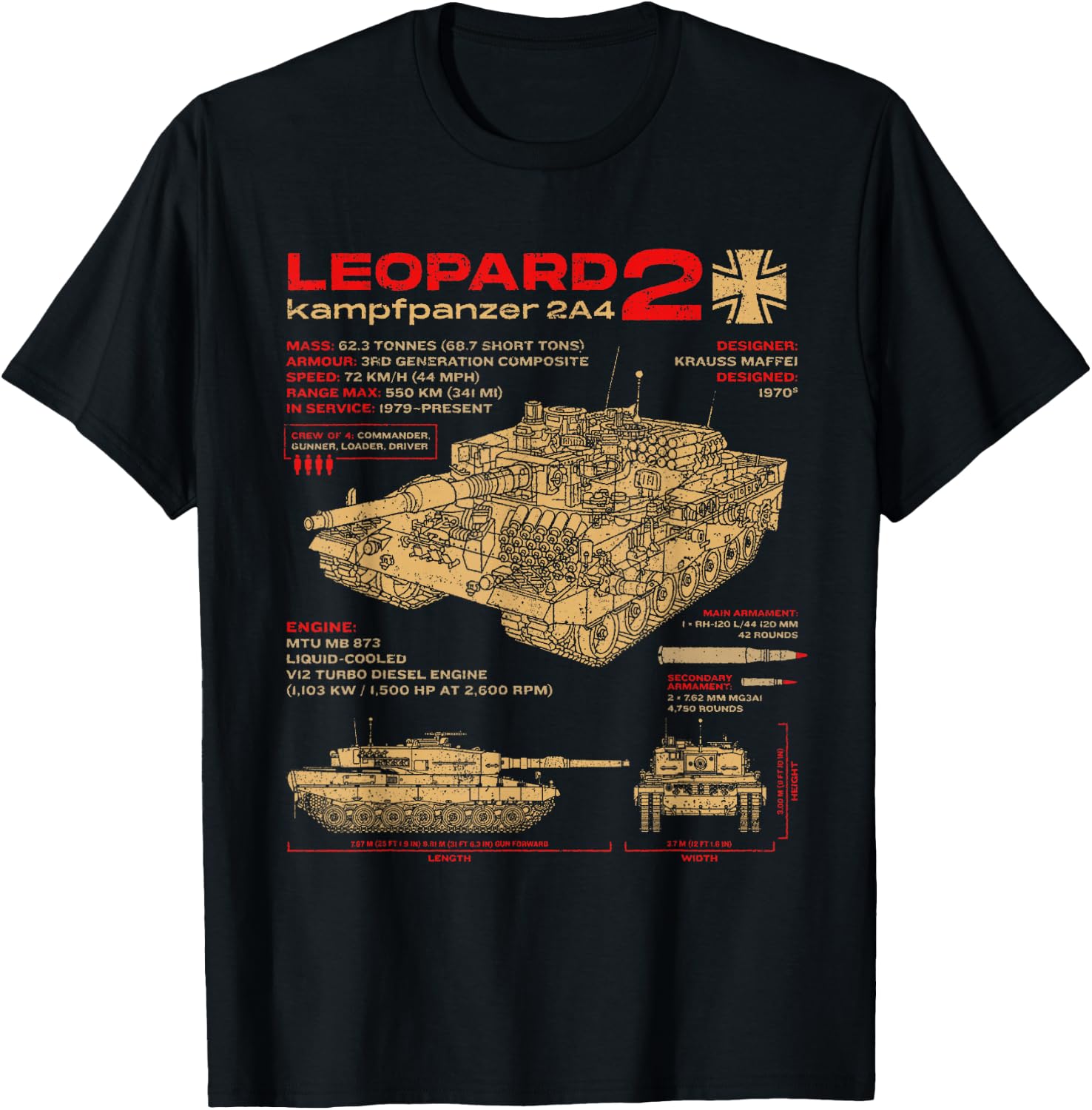 Leopard 2 2A4 Panzer Panzer Fahrzeug Blueprint T-Shirt - T-Shirt | Black