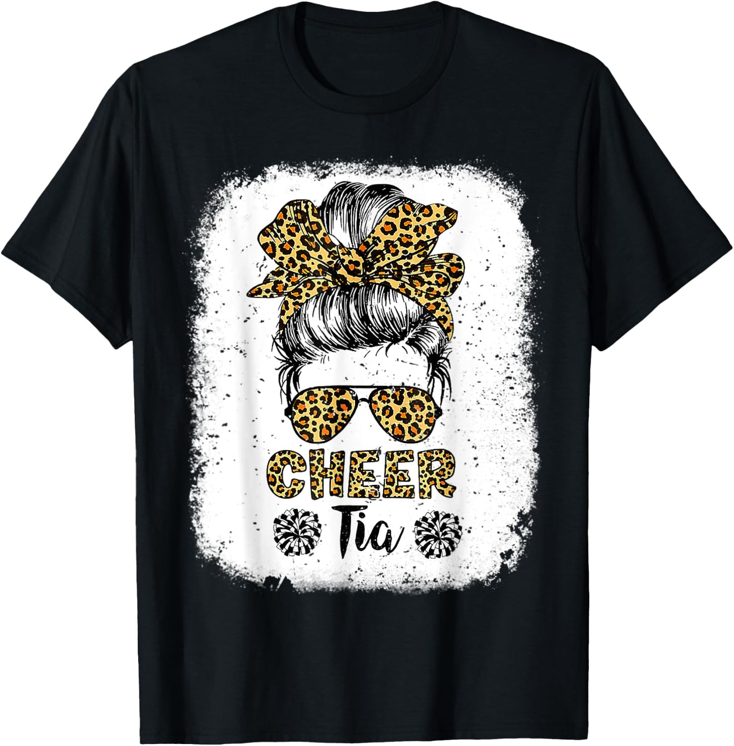 Cheer Tia Leopard Messy Bun Cheerleader Bleached T-Shirt - T-Shirt | Black