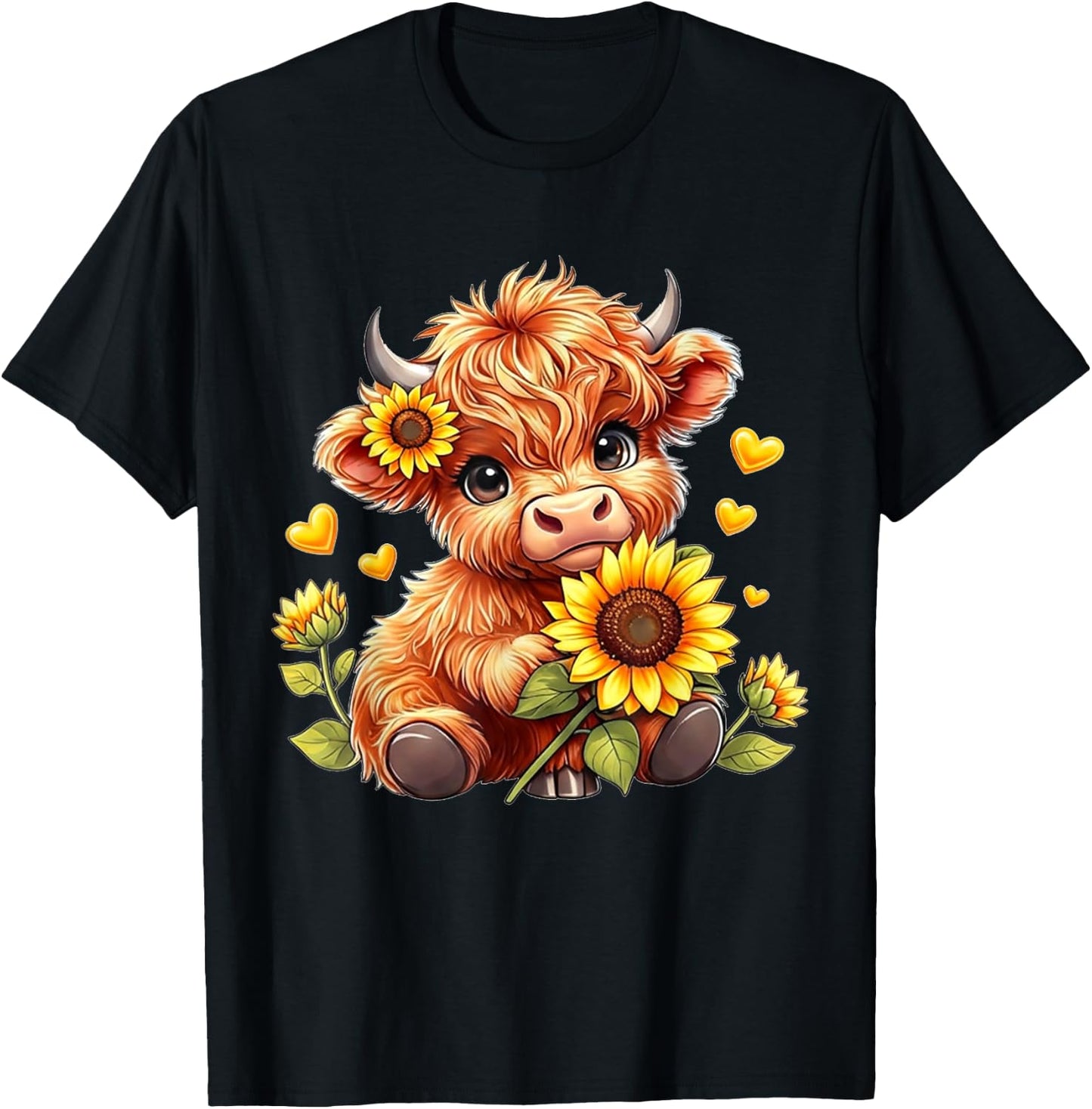 Cute Highland Cow Sunflowers Girls Women Animal Lovers T-Shirt - T-Shirt | Black