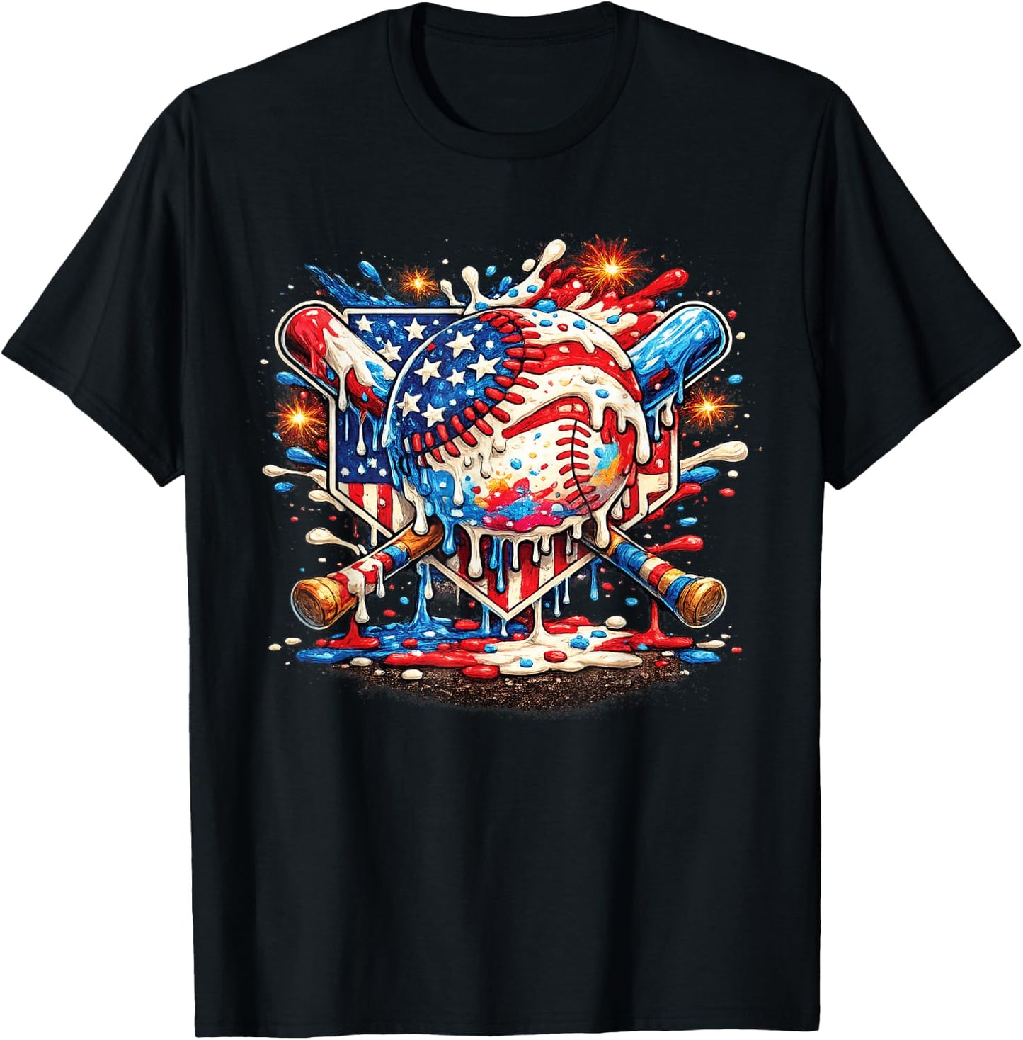 Baseball Drip Ice Cream Patriot American Flag 4th of July T-Shirt - T-Shirt | Black