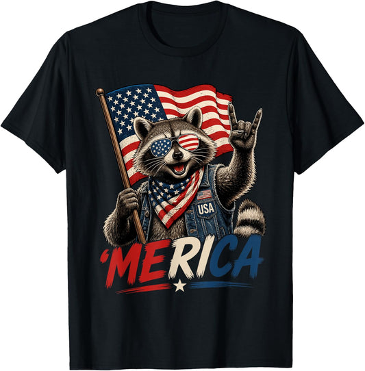 4th of July Raccoon Merica Rock Men Women Kid USA Flag T-Shirt - T-Shirt | Black