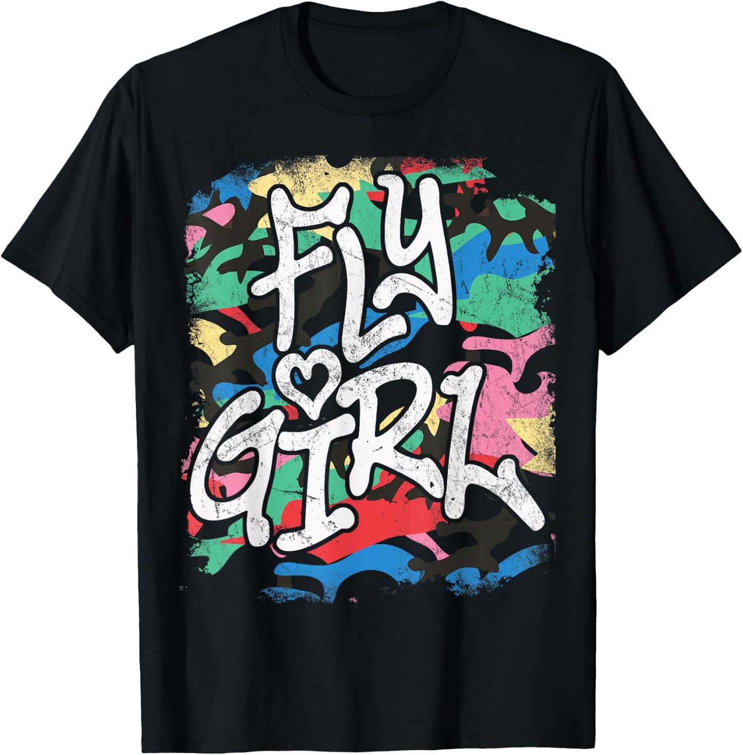 Fly Girl 80s 90s Old School Distressed Camo B-Girl Hip Hop T-Shirt - T-Shirt | Black
