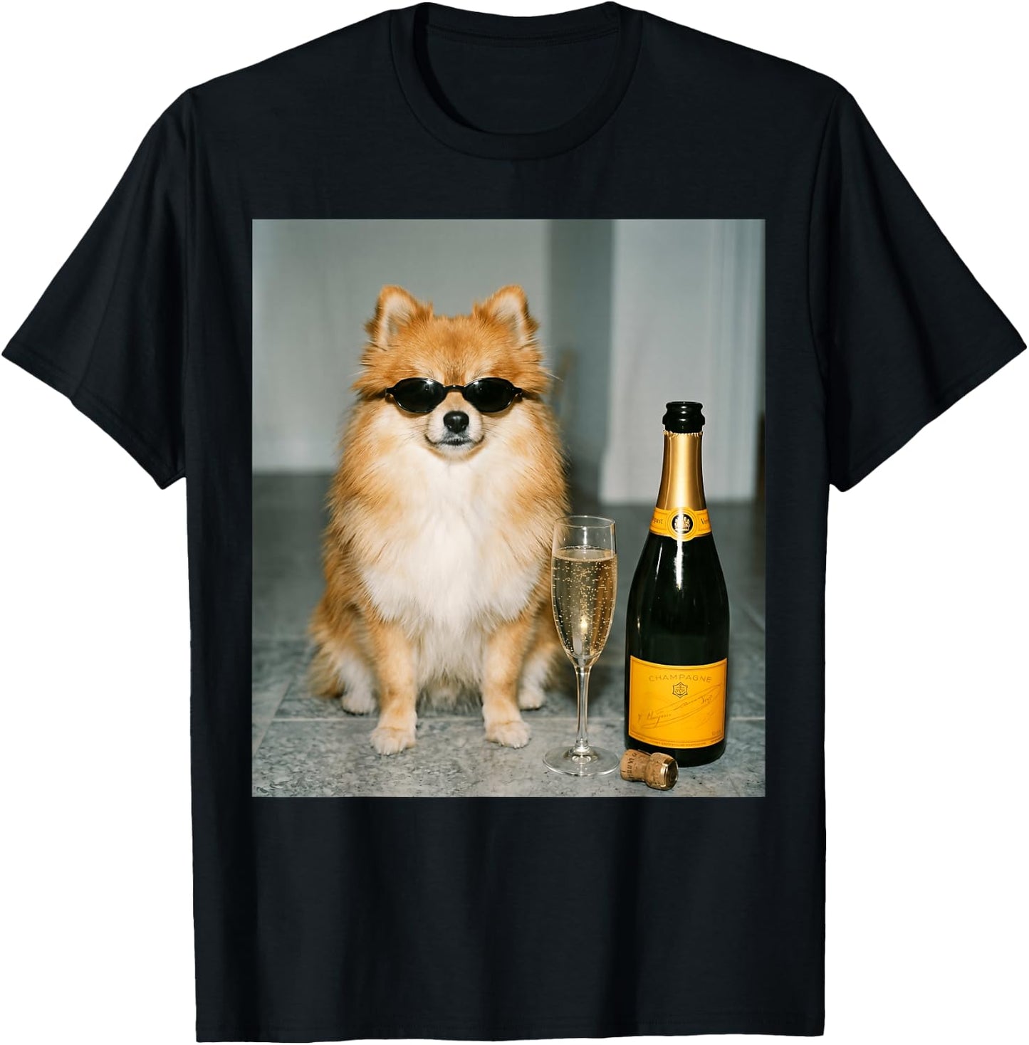 Funny Pomeranian Drinking Champagne Meme T-Shirt - T-Shirt | Black