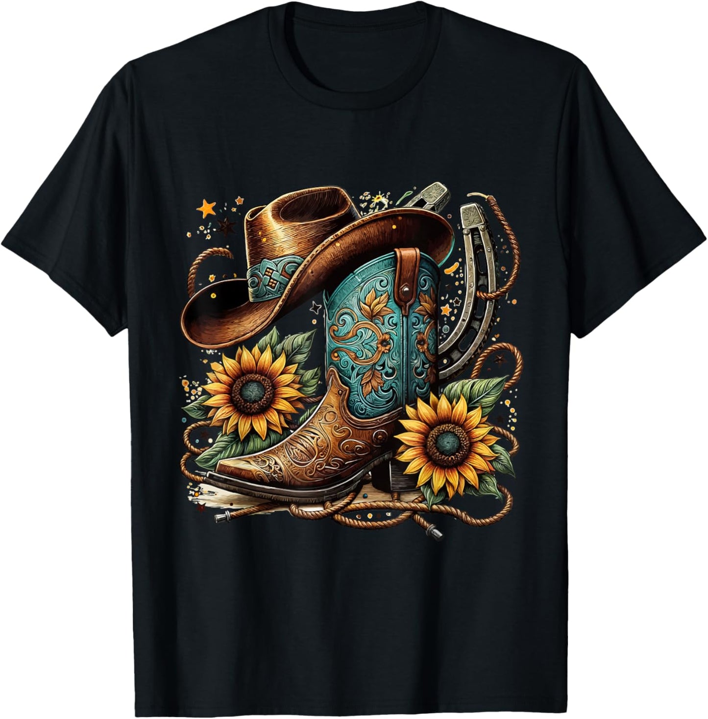 Western Cowboy Boots Horseshoe Sunflower Rope Cowgirl Boat , black T-Shirt - T-Shirt | Black