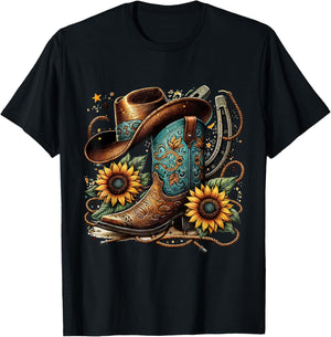 Western Cowboy Boots Horseshoe Sunflower Rope Cowgirl Boat , black T-Shirt - T-Shirt | Black