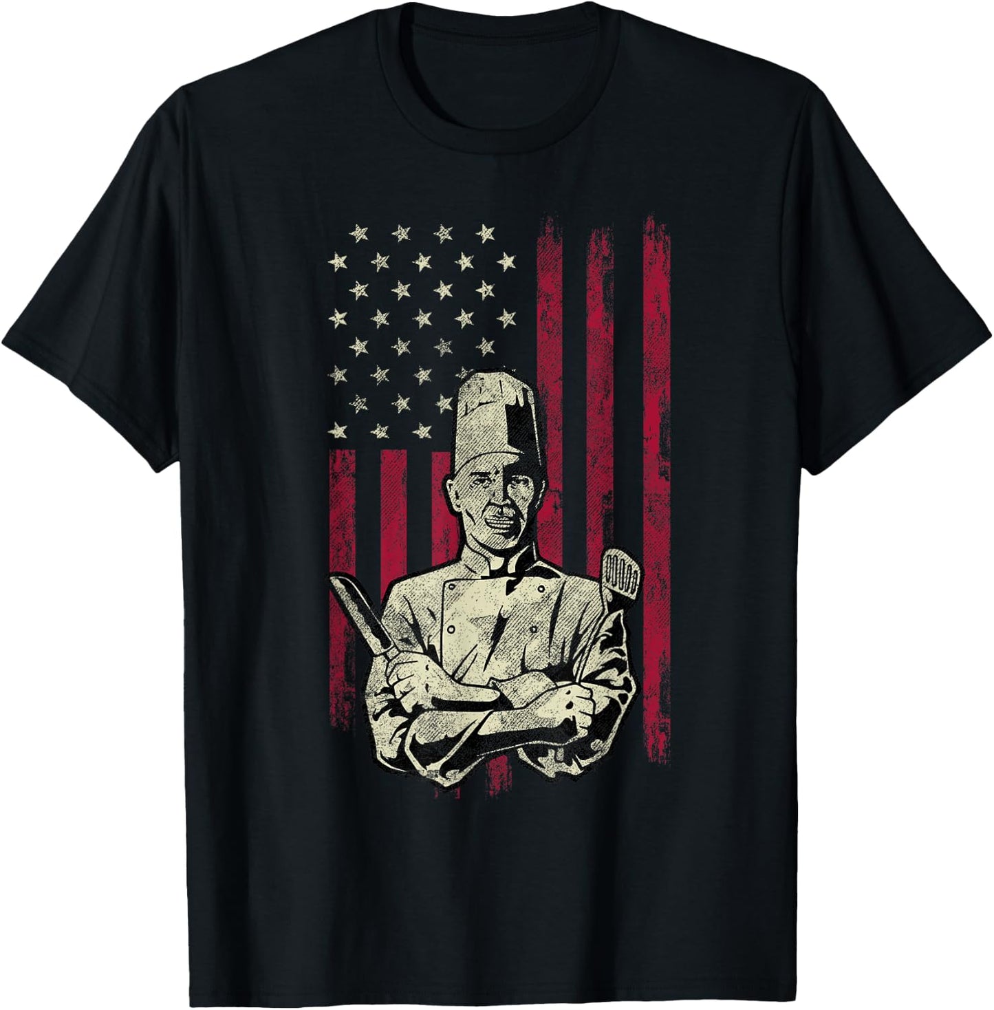 Chef Vintage American Flag 4th Of July Gift T-Shirt - T-Shirt | Black