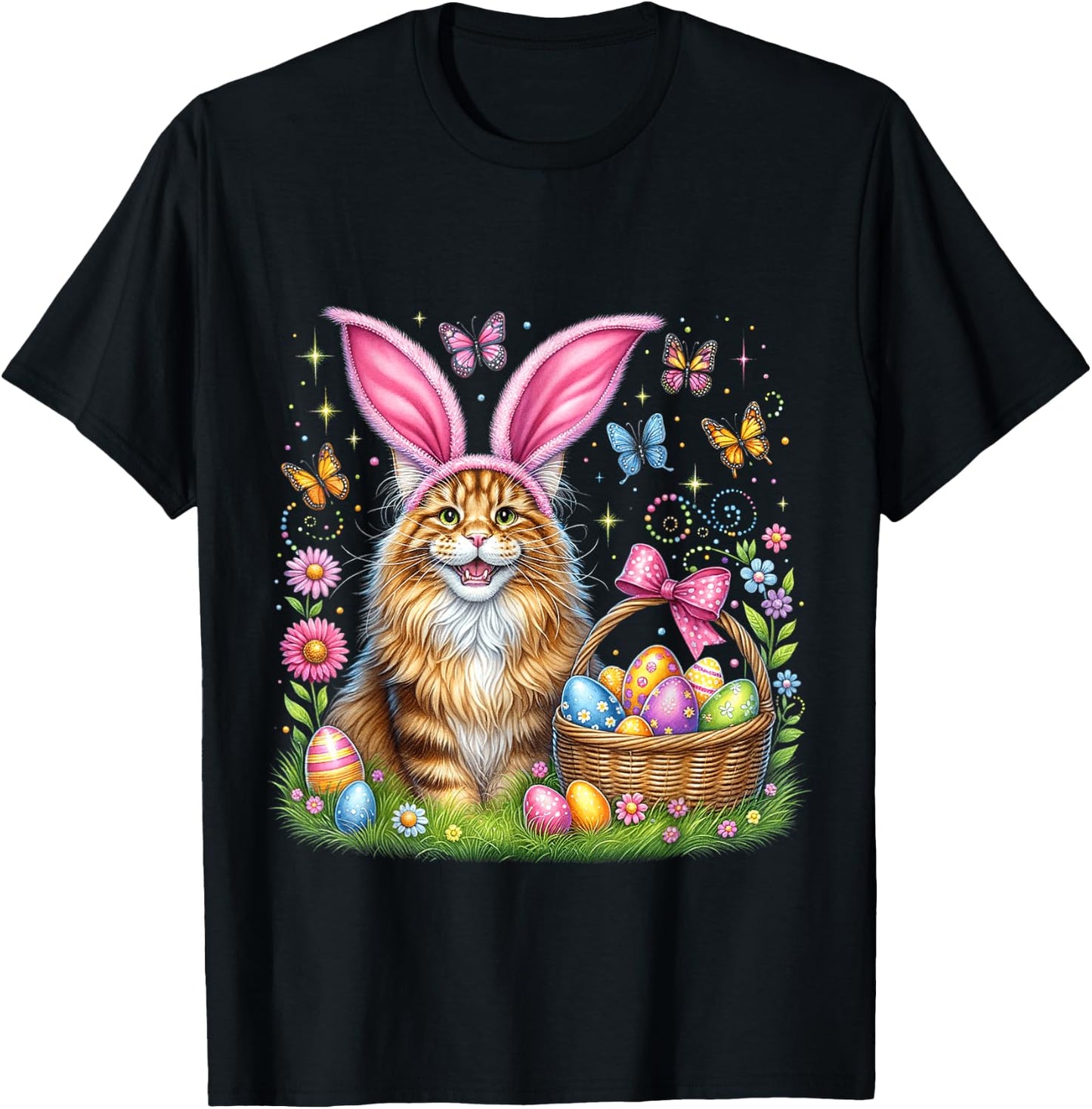 Happy Easter Cute Bunny Maine Coon Cat Easter Eggs Basket T-Shirt - T-Shirt | Black