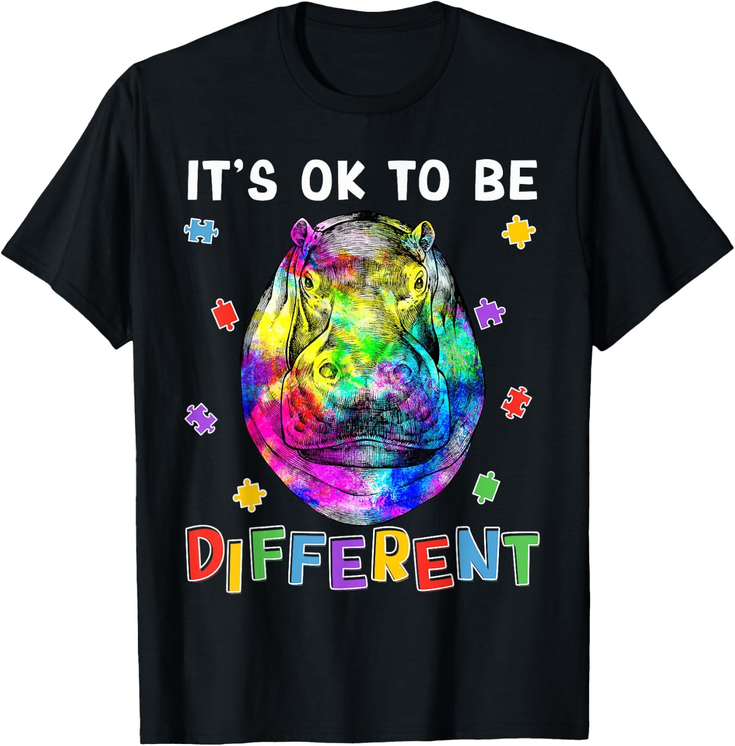 Autism Awareness Hippo Hippopotamus It's OK To Be Different T-Shirt - T-Shirt | Black