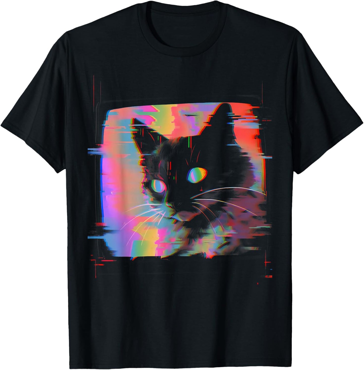 Psychedelic Trippy Glitch Cat | 80s 90s Vaporwave Synthwave T-Shirt - T-Shirt | Black