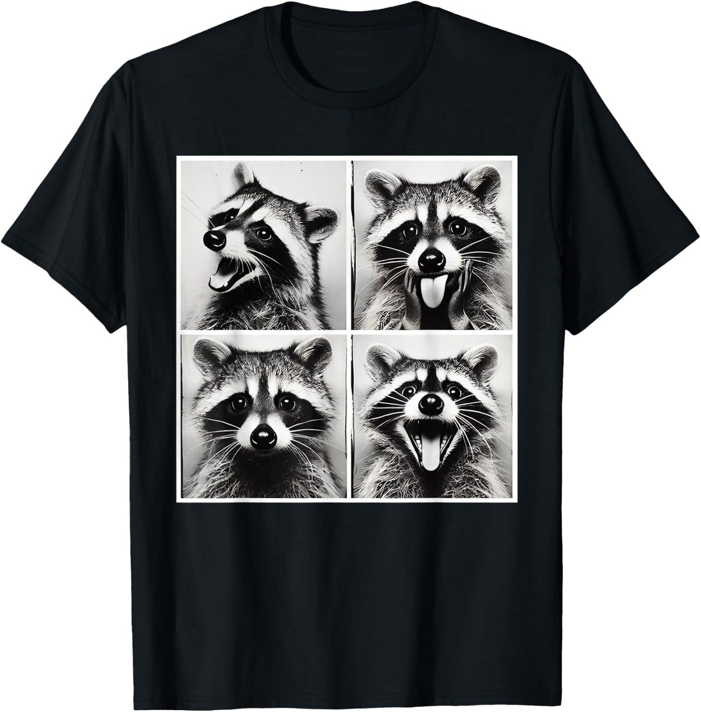 Animal Photobooth Funny Raccoon Rock On Selfie Retro Raccoon T-Shirt - T-Shirt | Black