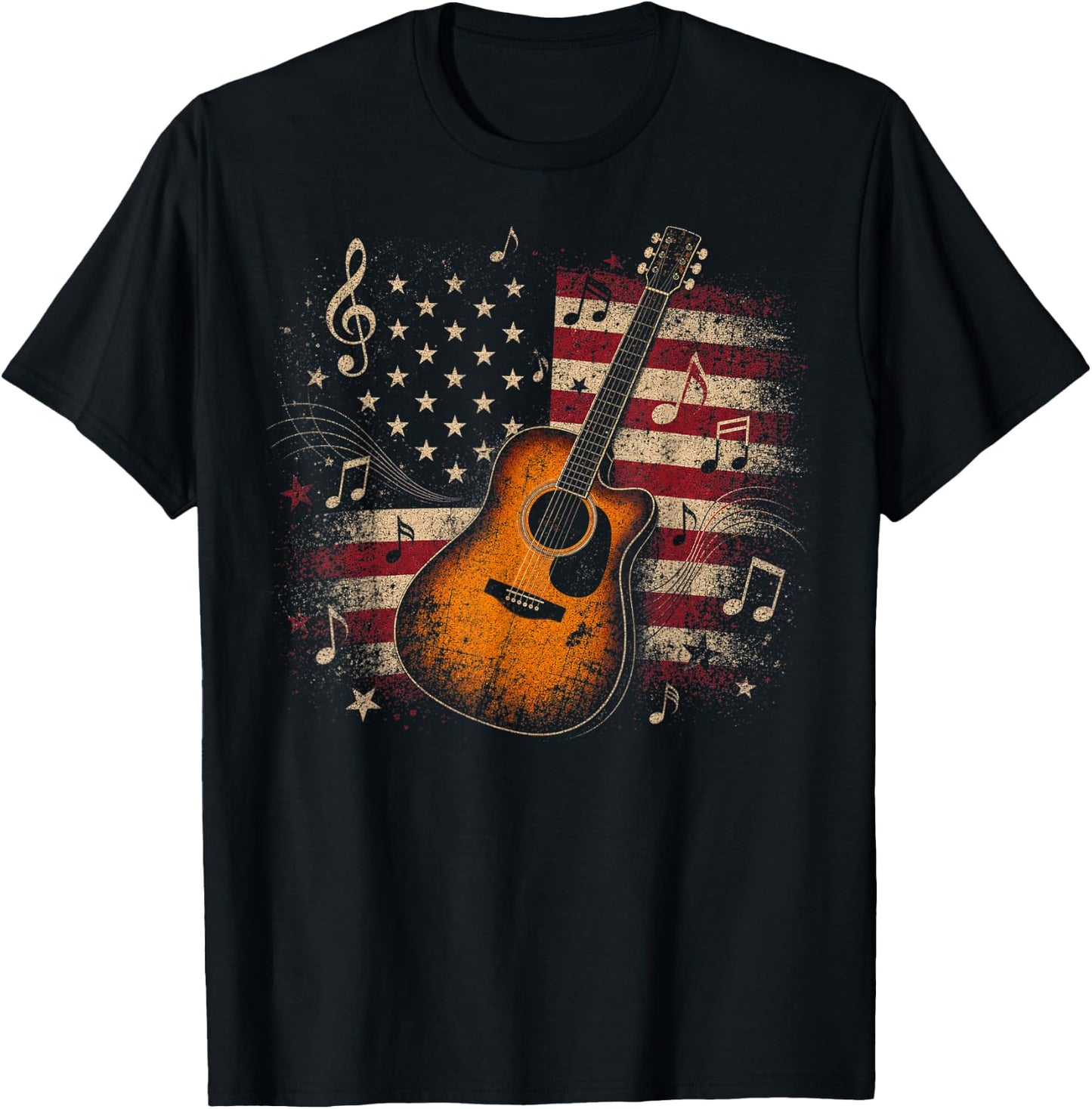 Patriotic Acoustic Guitar with American Flag Design T-Shirt - T-Shirt | Black