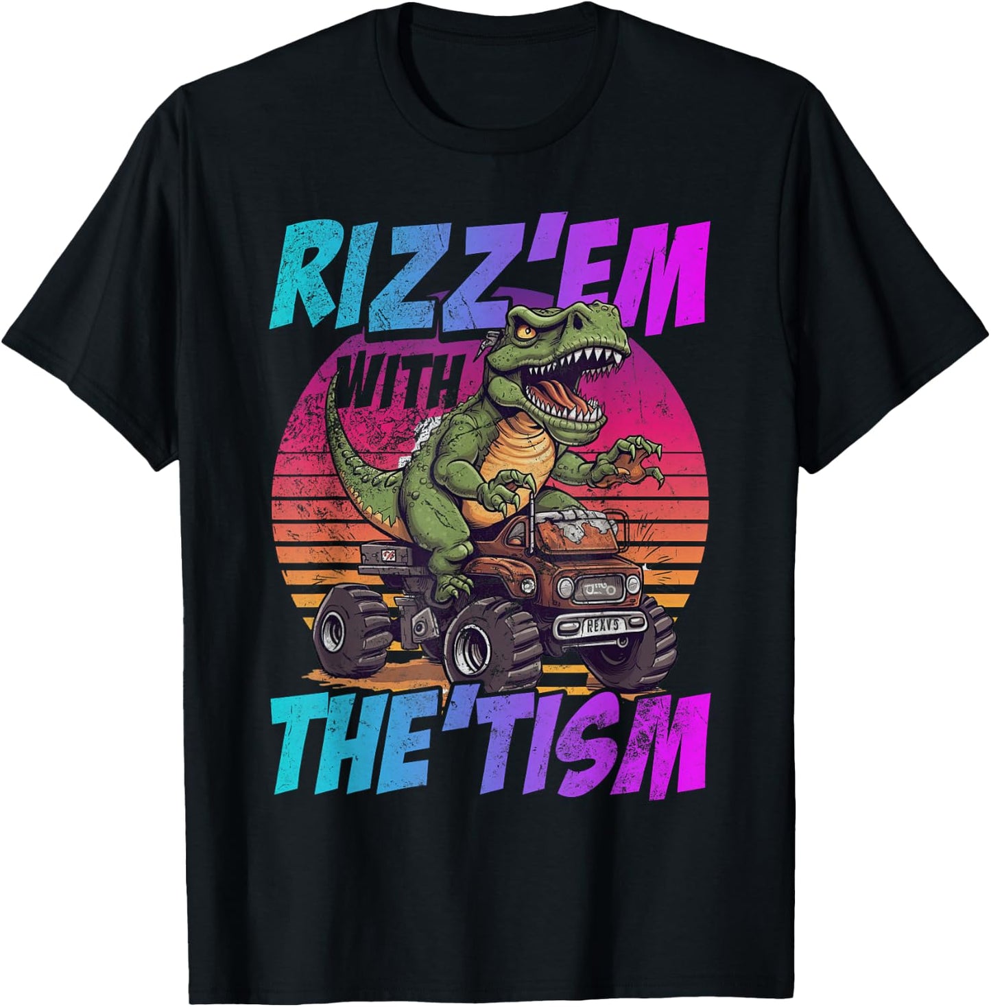 Rizz Em With The Tism Dinosaur Trex Meme Funny Autism Grunge T-Shirt - T-Shirt | Black