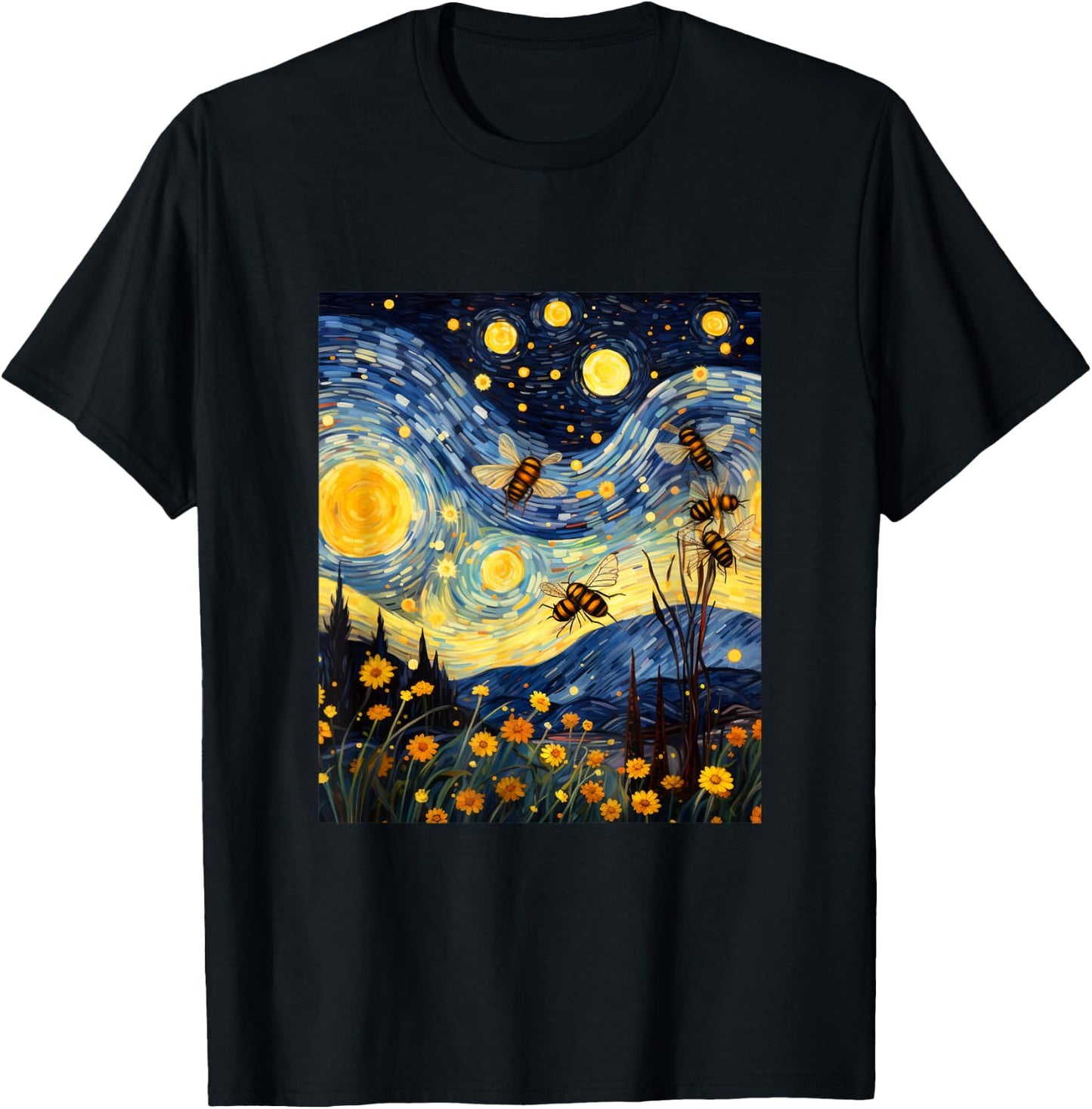 Bee Honey Stars Night Polinator Bees Lover Honeycomb T-Shirt - T-Shirt | Black