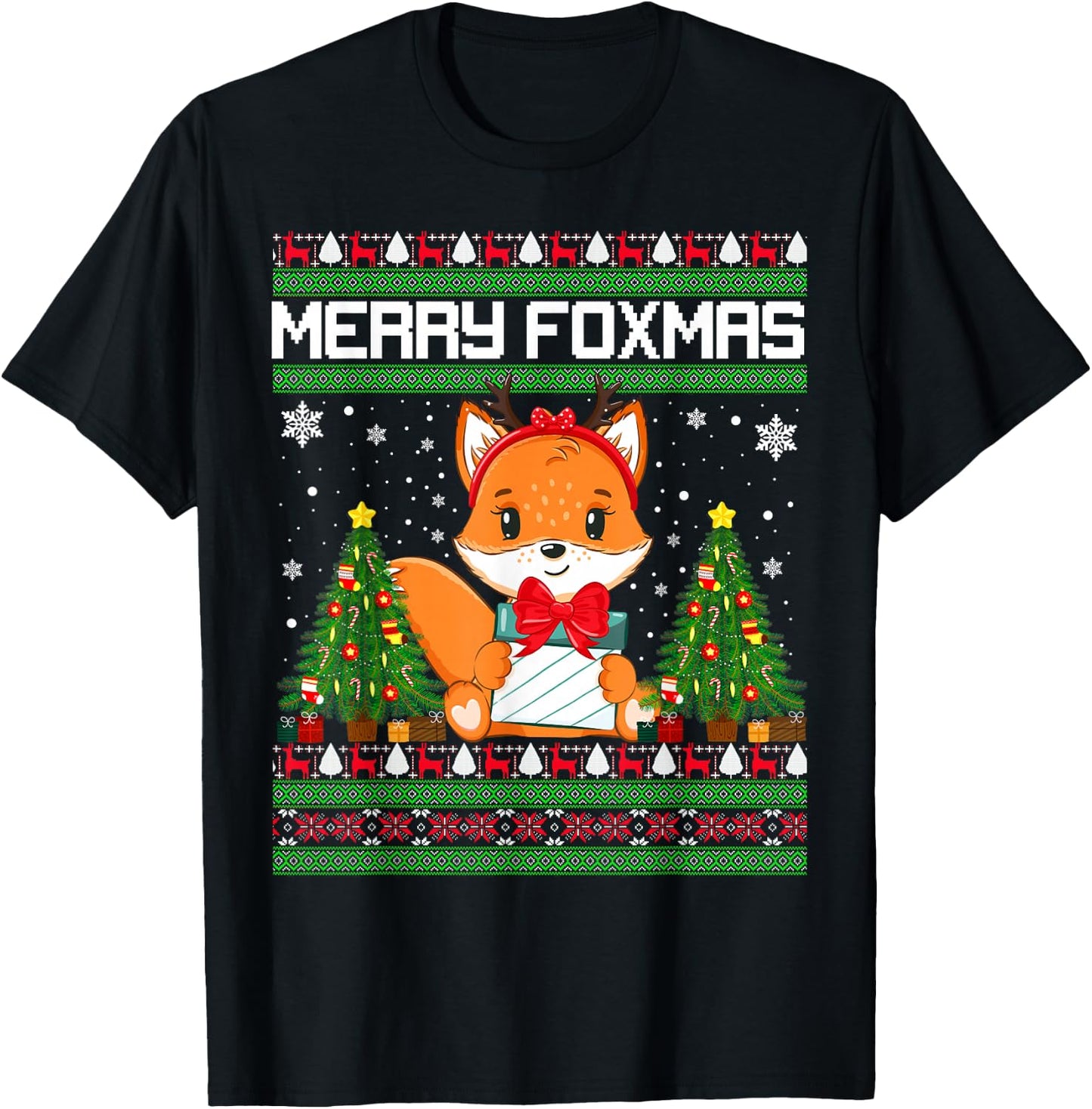 Merry Foxmas Santa Fox Lights Fox Lovers Ugly Xmas Sweater T-Shirt - T-Shirt | Black