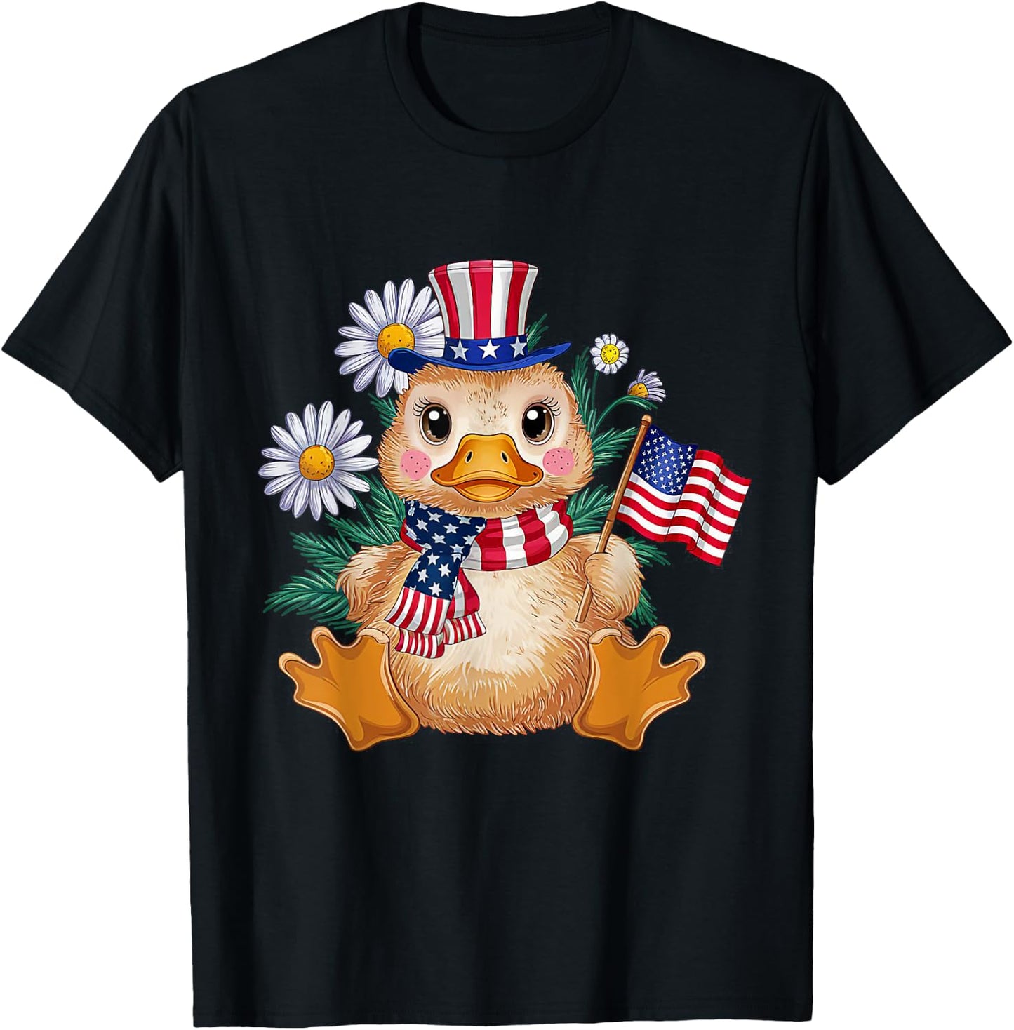 Cute Duck Florals 4th of July Boy Girl Patriotic Ducks Lover T-Shirt - T-Shirt | Black