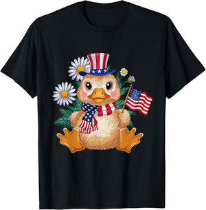 Cute Duck Florals 4th of July Boy Girl Patriotic Ducks Lover T-Shirt - T-Shirt | Black