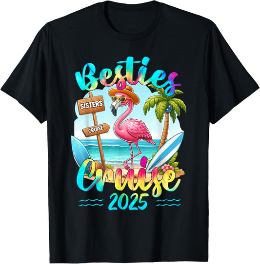 Besties Cruise 2025 Tie Dye Flamingo Cruise Squad Girls Trip T-Shirt - T-Shirt | Black