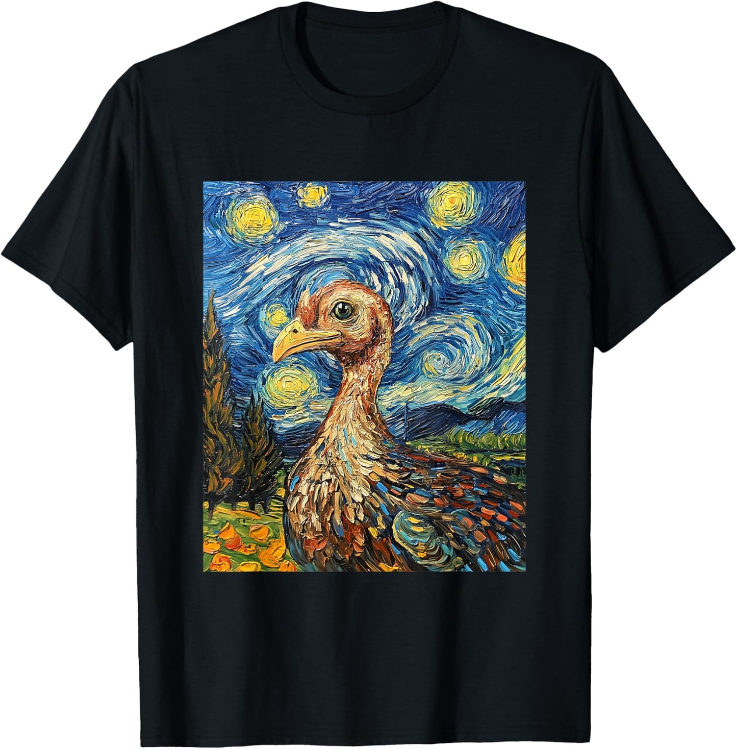 Funny Turkey Thanksgiving Van Gogh Style Starry Night T-Shirt - T-Shirt | Black
