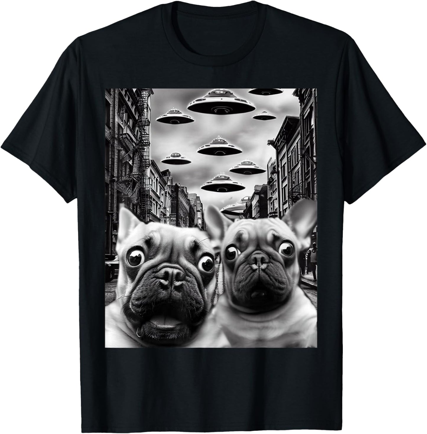 Frenchie UFO Selfie - Funny French Bulldog Alien Gift T-Shirt - T-Shirt | Black
