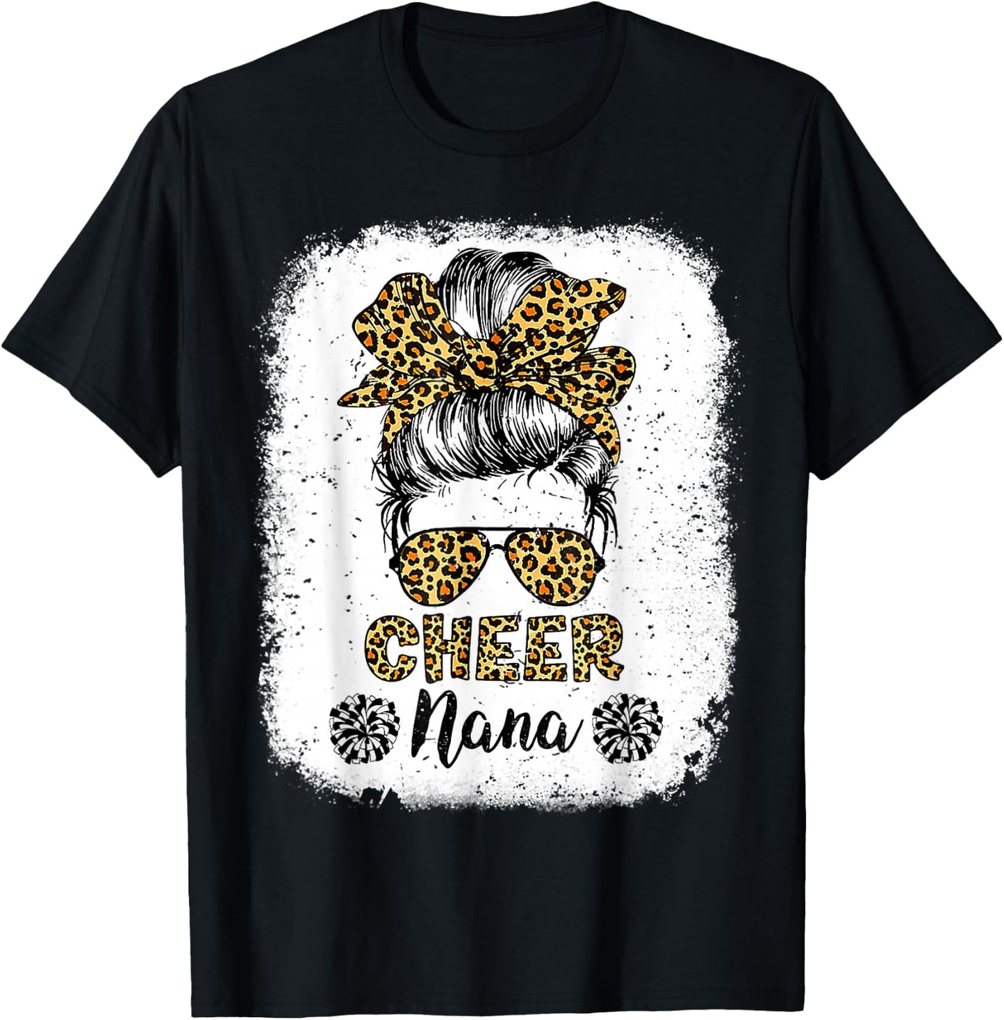 Cheer Nana Leopard Messy Bun Cheerleader Bleached T-Shirt - T-Shirt | Black