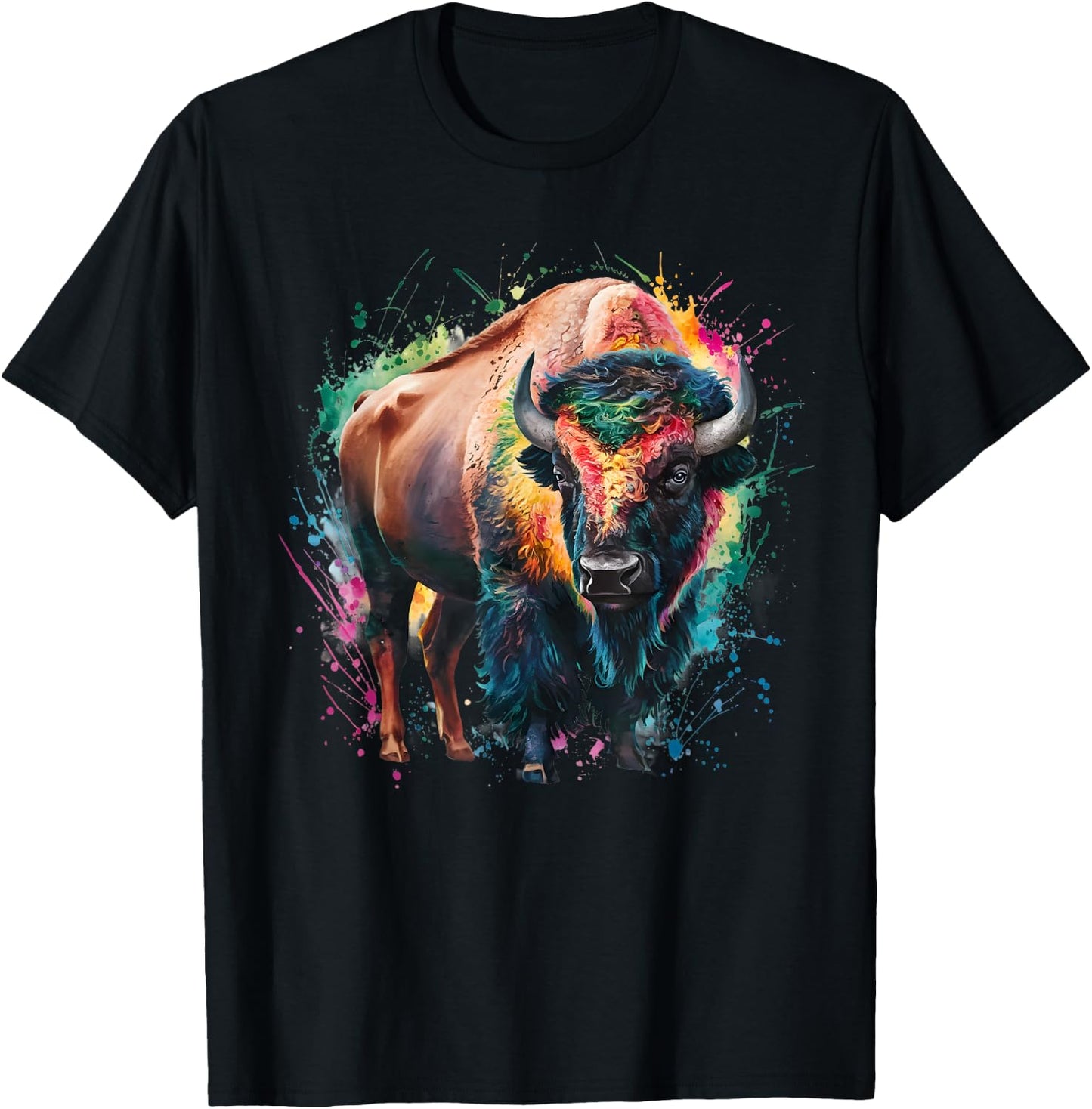 Bison Men's Women's Colourful Watercolour Bison T-Shirt - T-Shirt | Black