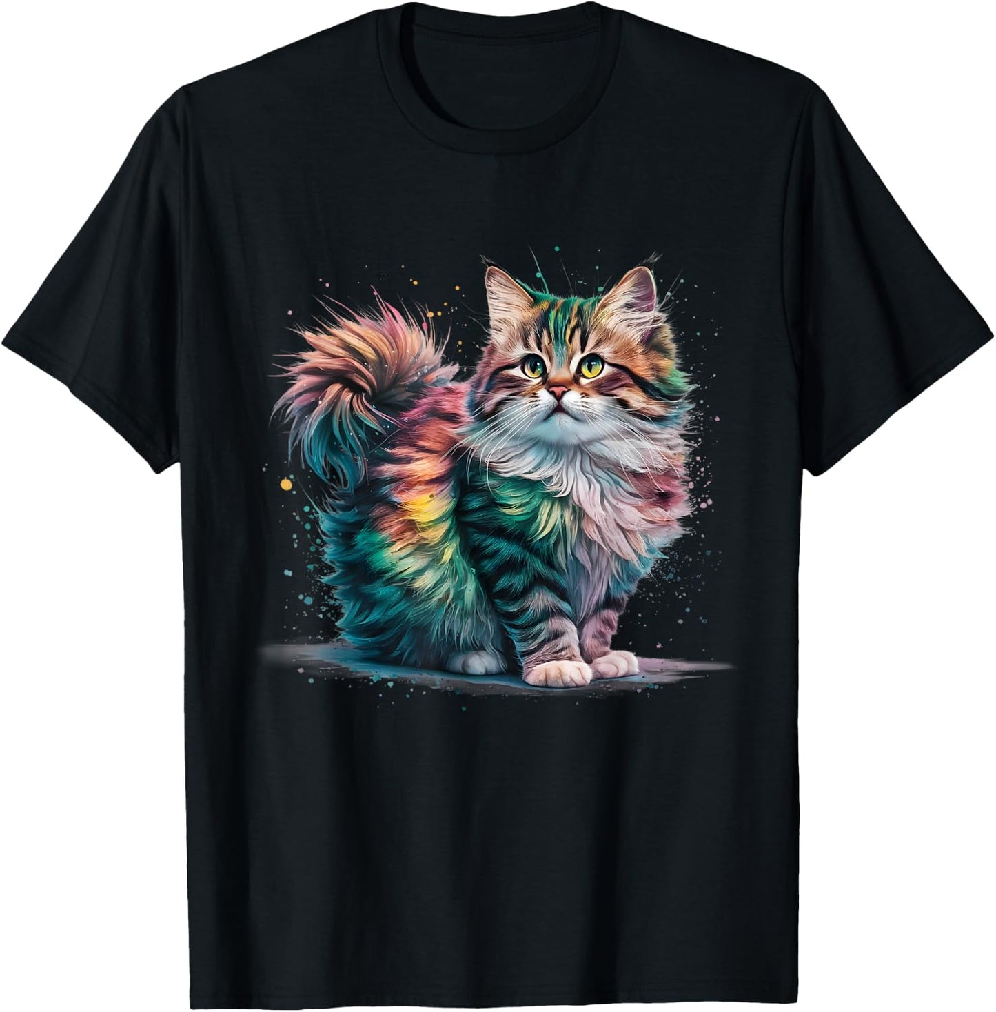 Cat Men Women Colourful Watercolour Cat , black T-Shirt - T-Shirt | Black