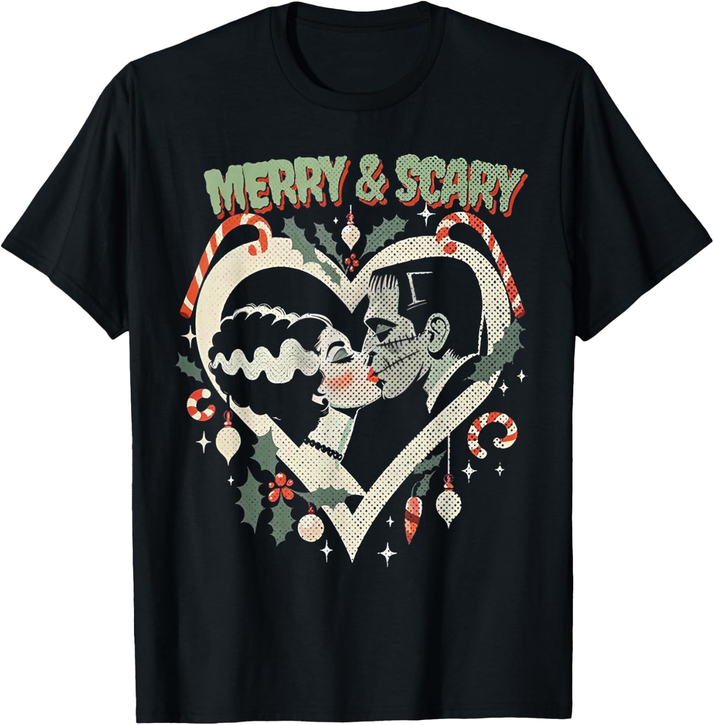 Merry & Scary Frankie & Liz Christmas T-Shirt - T-Shirt | Black
