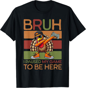 Bruh I Paused My Game To Be Here Thanksgiving Kid Boys Gamer T-Shirt - T-Shirt | Black