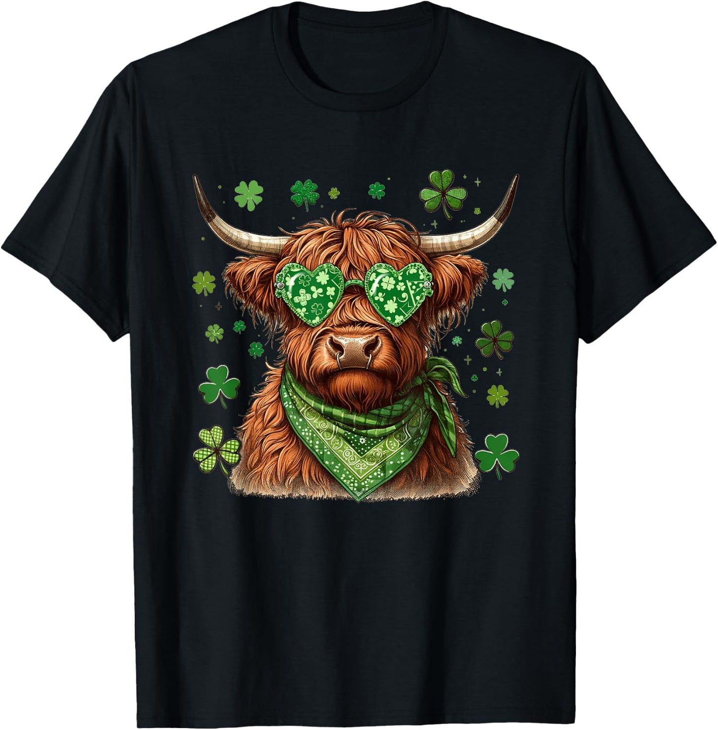 BUTLERTEES Women's St. Patrick's Day Highland Cow Shamrock (Black, Standard Length, Cotton) T-Shirt - T-Shirt | Black