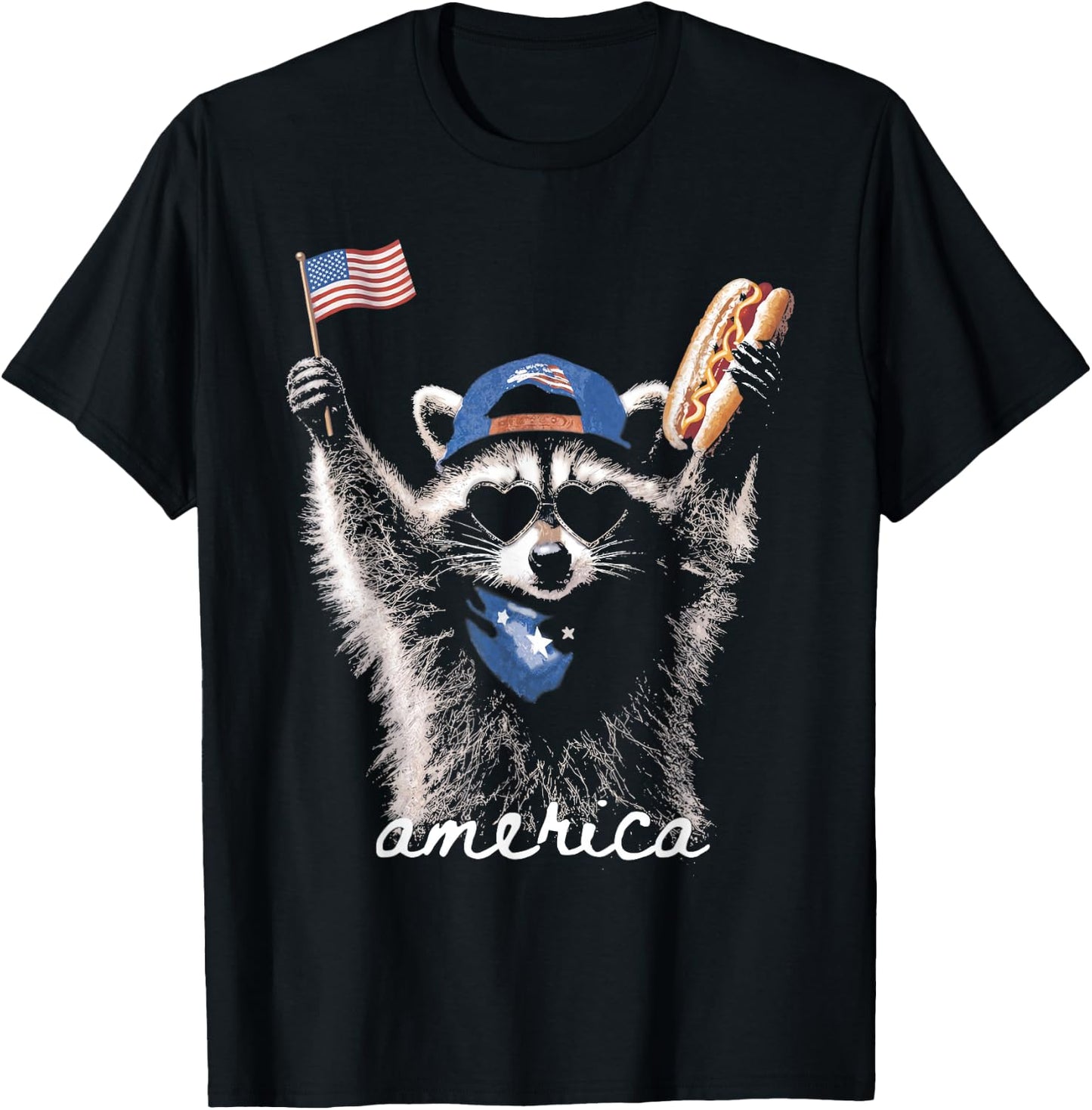 Retro Funny America Raccoon Hot Dog Lovers Patriotic US Flag T-Shirt - T-Shirt | Black