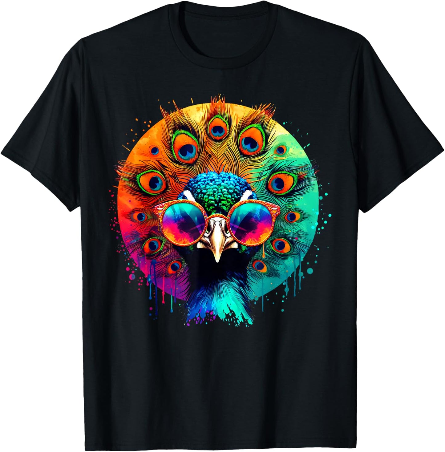 Cool Tie Dye Peacock Sunglasses Bird Illustration Art T-Shirt - T-Shirt | Black