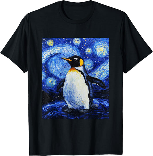 Penguin Bird Van Gogh Style Starry Night funny Graphic T-Shirt - T-Shirt | Black