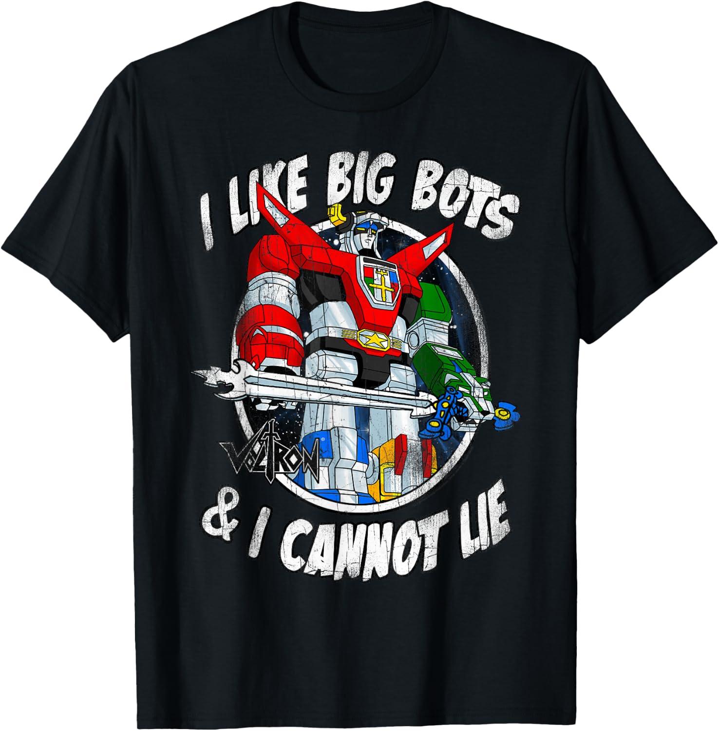 Voltron Retro Defender I Like Big Bots Distressed T-Shirt - T-Shirt | Black