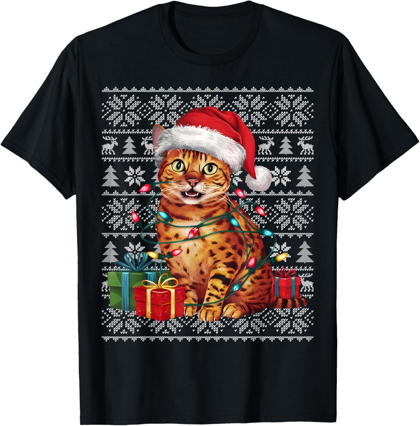 Xmas Sweater Style Ugly Santa Hat Bengal Cat Christmas Women Kids T-Shirt - T-Shirt | Black