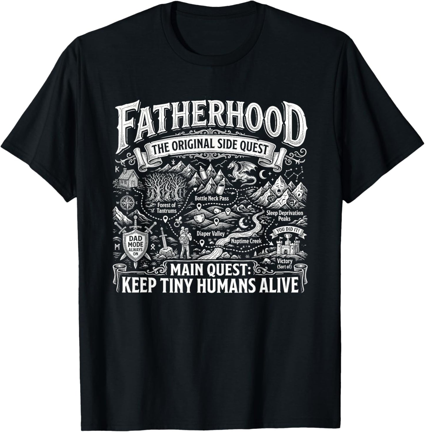 Fatherhood Side Quest Dad Life Sarcasm Fathers Day Humor Pun T-Shirt - T-Shirt | Black