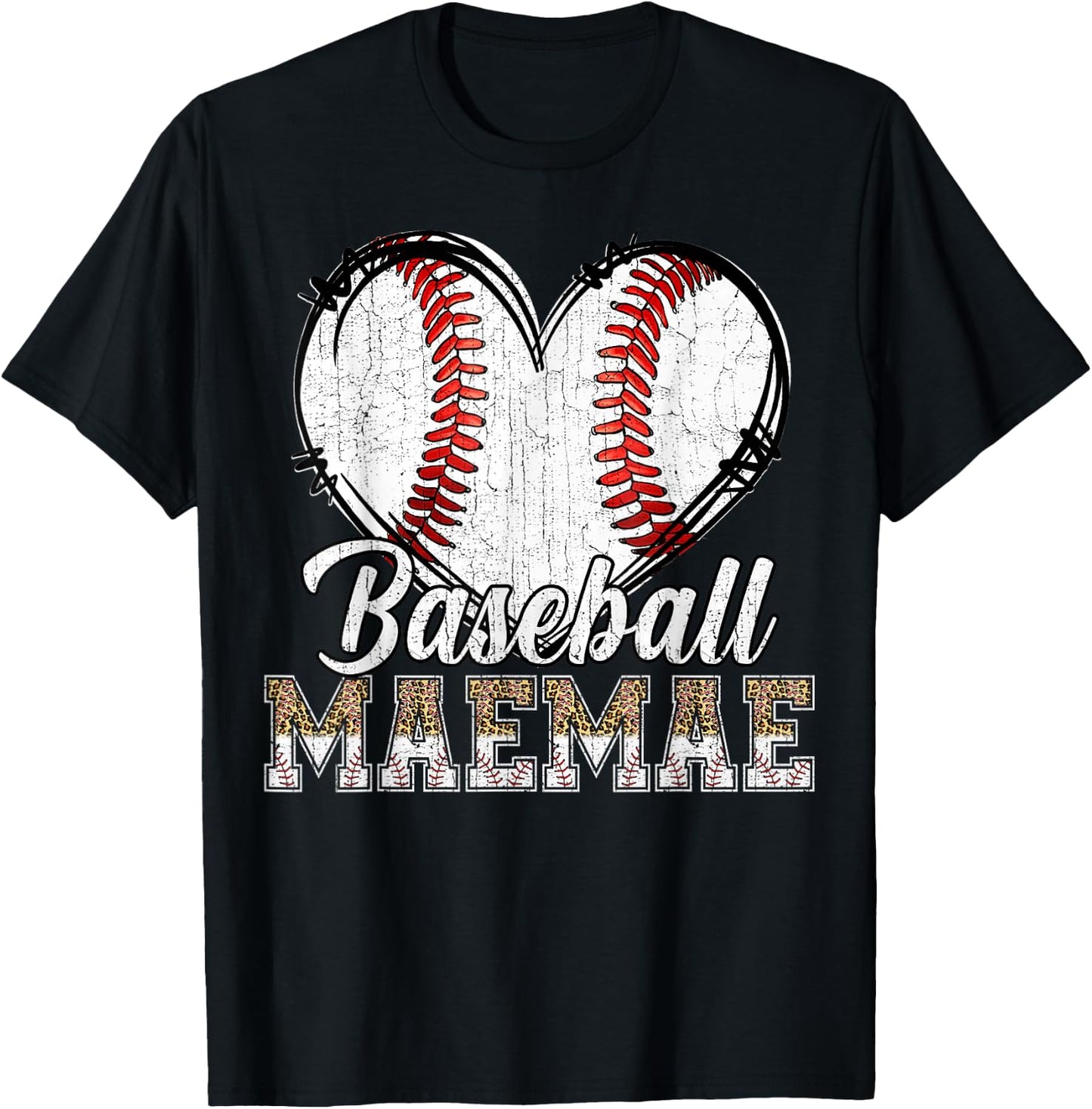 Softball Baseball Maemae Heart Leopard Print Mother's Day T-Shirt - T-Shirt | Black