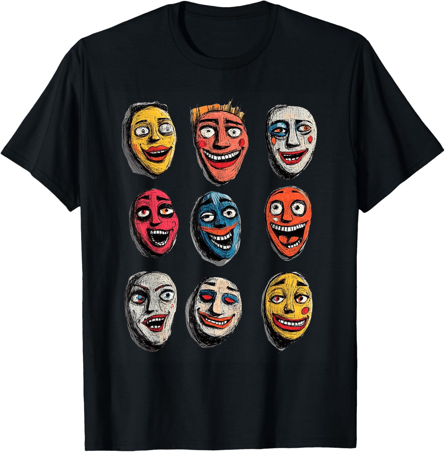 Colorful Mask Faces Artistic Expression T-Shirt - T-Shirt | Black